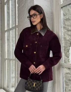 Куртка в «рабочем стиле» из замши Burgundy с отложным воротником, весна-лето 2025