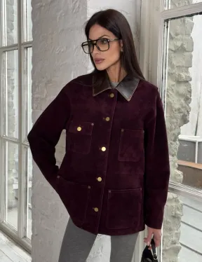 Куртка в «рабочем стиле» из замши Burgundy с отложным воротником, весна-лето 2025