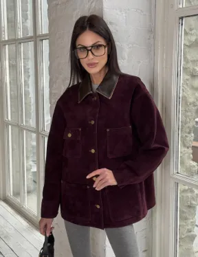 Куртка в «рабочем стиле» из замши Burgundy с отложным воротником, весна-лето 2025