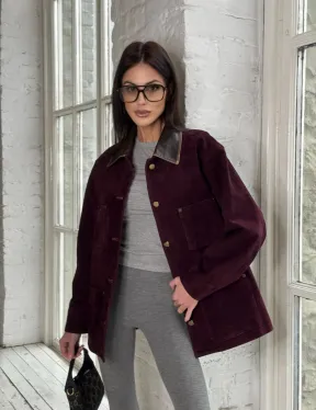 Куртка в «рабочем стиле» из замши Burgundy с отложным воротником, весна-лето 2025