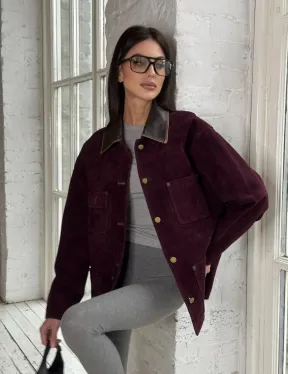 Куртка в «рабочем стиле» из замши Burgundy с отложным воротником, весна-лето 2025