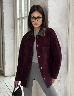 Куртка в «рабочем стиле» из замши Burgundy с отложным воротником, весна-лето 2025