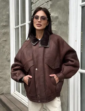 Дубленка - бомбер A LA VINTAGE из овчины мерино с воротником-стойка