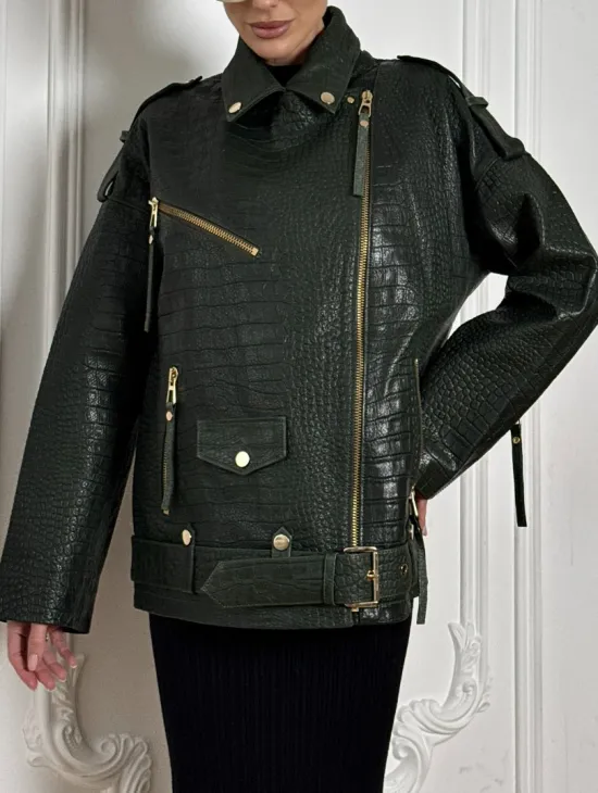 Куртка - косуха из натуральной кожи «CROCO» Dark green
