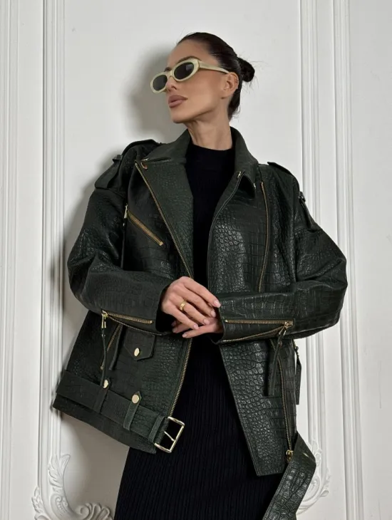 Куртка - косуха из натуральной кожи «CROCO» Dark green