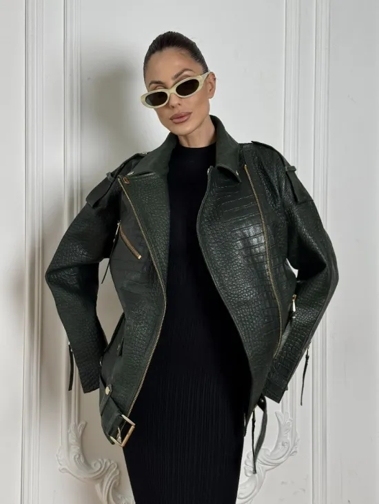 Куртка - косуха из натуральной кожи «CROCO» Dark green
