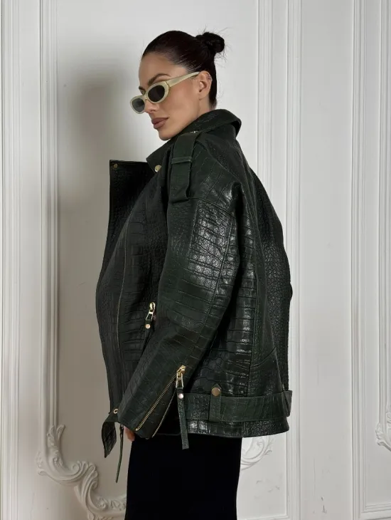 Куртка - косуха из натуральной кожи «CROCO» Dark green