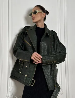 Куртка - косуха из натуральной кожи «CROCO» Dark green