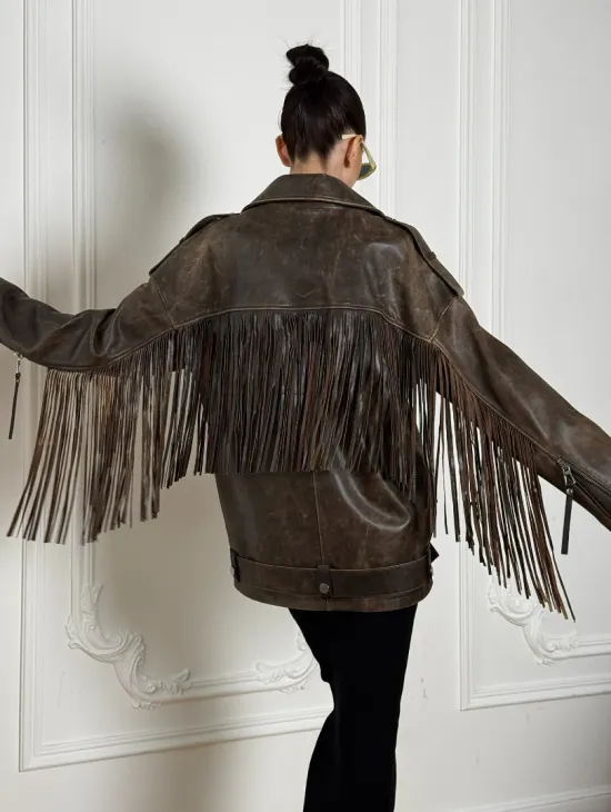 Косуха Vintage brown с кожаной бахромой на спине