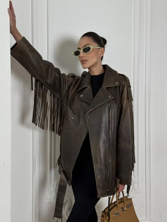 Косуха Vintage brown с кожаной бахромой на спине