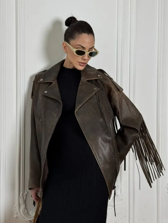 Косуха Vintage brown с кожаной бахромой на спине