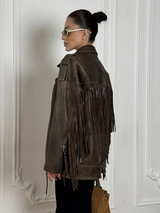 Косуха Vintage brown с кожаной бахромой на спине