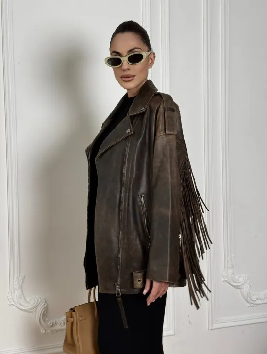 Косуха Vintage brown с кожаной бахромой на спине