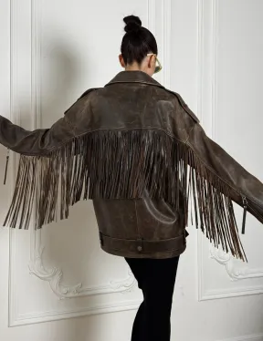 Косуха Vintage brown с кожаной бахромой на спине
