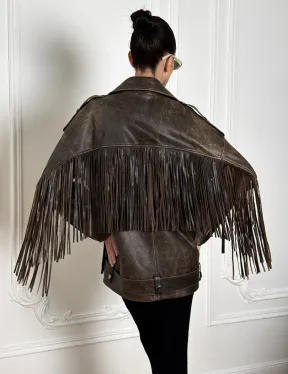 Косуха Vintage brown с кожаной бахромой на спине
