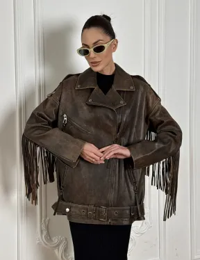 Косуха Vintage brown с кожаной бахромой на спине