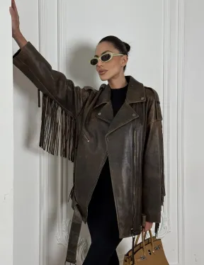 Косуха Vintage brown с кожаной бахромой на спине