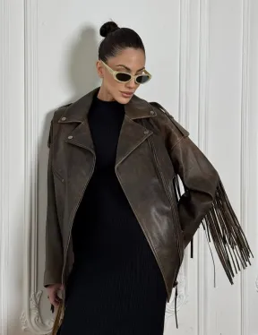 Косуха Vintage brown с кожаной бахромой на спине