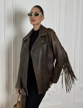 Косуха Vintage brown с кожаной бахромой на спине