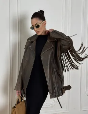 Косуха Vintage brown с кожаной бахромой на спине
