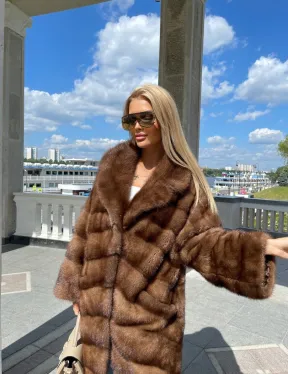 Удлиненная норковая шуба в цвете соболь