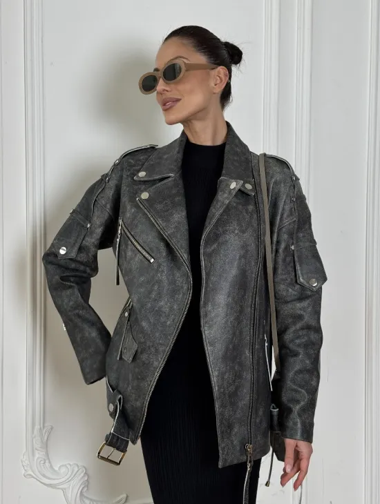 Косуха женская из натуральной кожи Vintage со шнуровкой - цвет серый