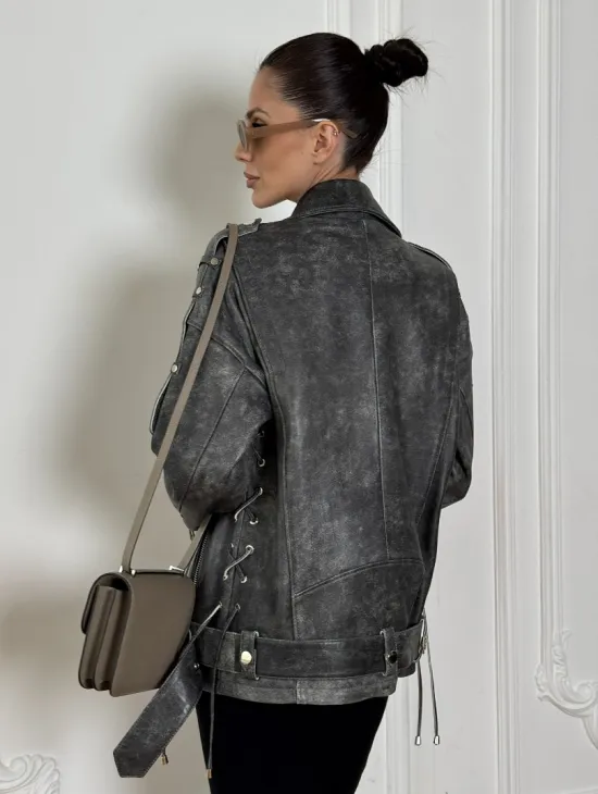 Косуха женская из натуральной кожи Vintage со шнуровкой - цвет серый