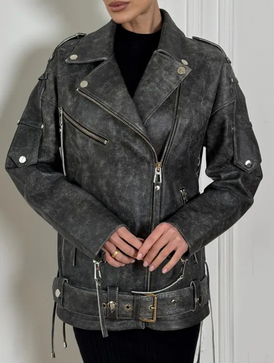 Косуха женская из натуральной кожи Vintage со шнуровкой - цвет серый