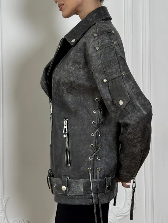 Косуха женская из натуральной кожи Vintage со шнуровкой - цвет серый