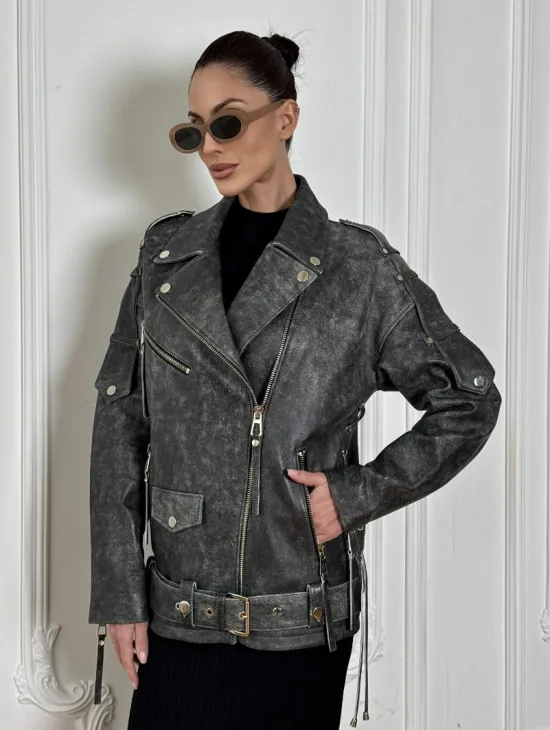 Косуха женская из натуральной кожи Vintage со шнуровкой - цвет серый