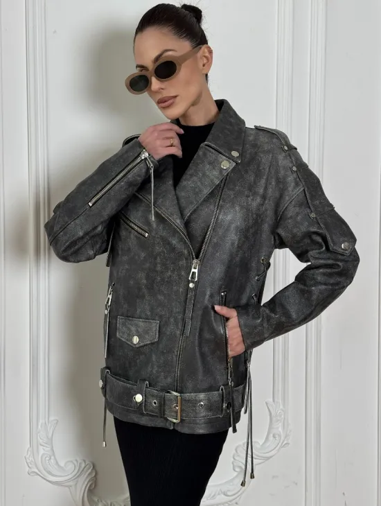 Косуха женская из натуральной кожи Vintage со шнуровкой - цвет серый