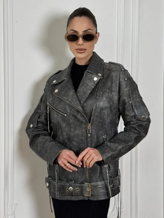 Косуха женская из натуральной кожи Vintage со шнуровкой - цвет серый