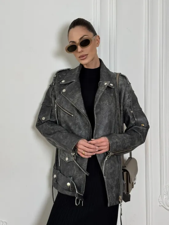 Косуха женская из натуральной кожи Vintage со шнуровкой - цвет серый