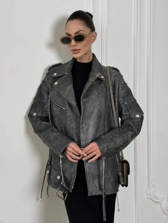 Косуха женская из натуральной кожи Vintage со шнуровкой - цвет серый