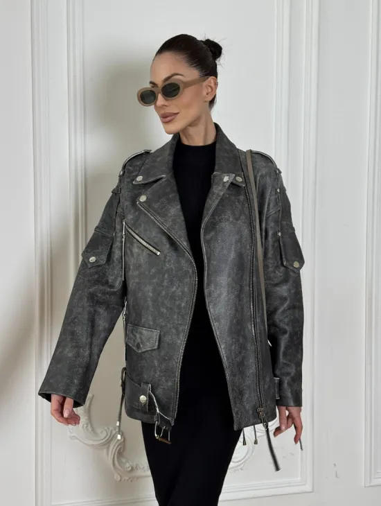 Косуха женская из натуральной кожи Vintage со шнуровкой - цвет серый