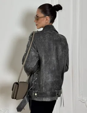 Косуха женская из натуральной кожи Vintage со шнуровкой - цвет серый