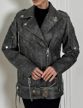 Косуха женская из натуральной кожи Vintage со шнуровкой - цвет серый