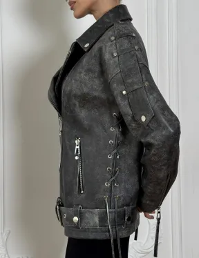 Косуха женская из натуральной кожи Vintage со шнуровкой - цвет серый