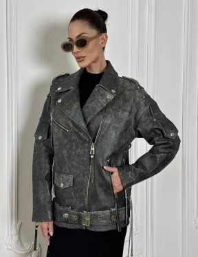 Косуха женская из натуральной кожи Vintage со шнуровкой - цвет серый