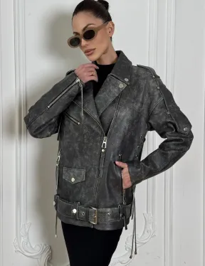 Косуха женская из натуральной кожи Vintage со шнуровкой - цвет серый