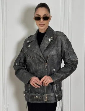 Косуха женская из натуральной кожи Vintage со шнуровкой - цвет серый