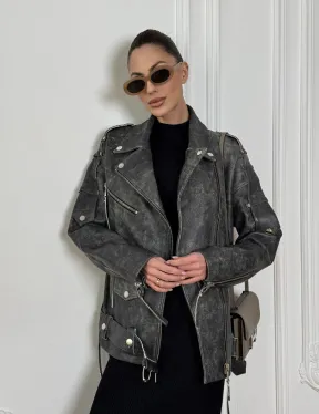 Косуха женская из натуральной кожи Vintage со шнуровкой - цвет серый