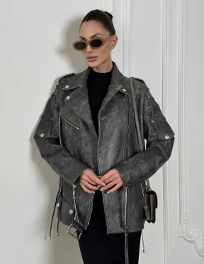 Косуха женская из натуральной кожи Vintage со шнуровкой - цвет серый