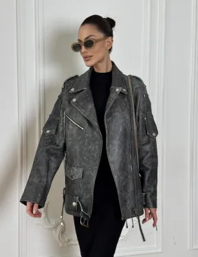 Косуха женская из натуральной кожи Vintage со шнуровкой - цвет серый