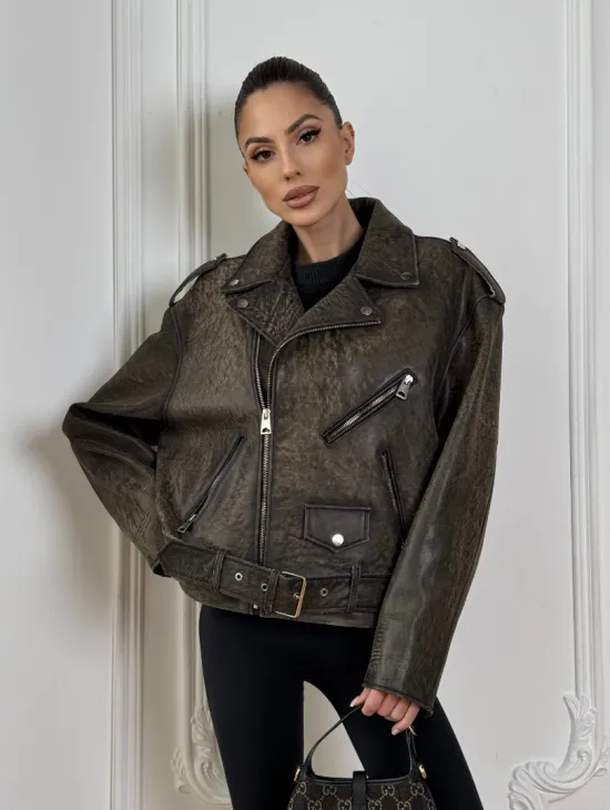 Натуральная женская кожаная косуха в стиле Vintage весна - 2025