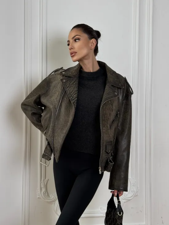 Натуральная женская кожаная косуха в стиле Vintage весна - 2025