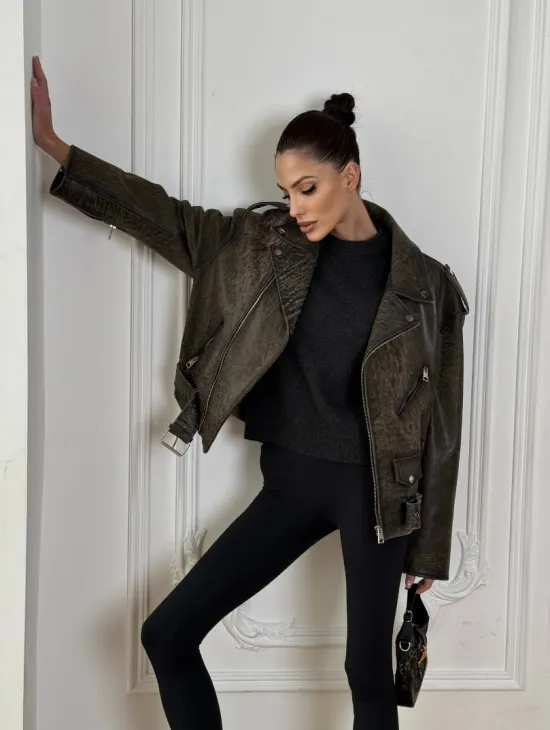 Натуральная женская кожаная косуха в стиле Vintage весна - 2025