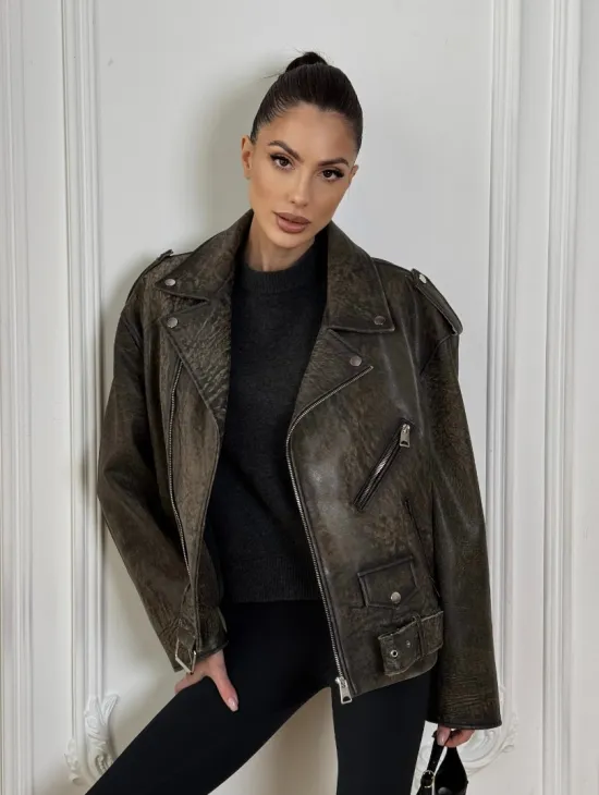 Натуральная женская кожаная косуха в стиле Vintage весна - 2025