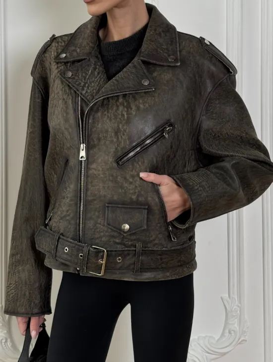 Натуральная женская кожаная косуха в стиле Vintage весна - 2025