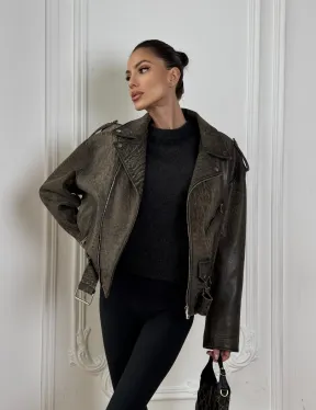 Натуральная женская кожаная косуха в стиле Vintage весна - 2025